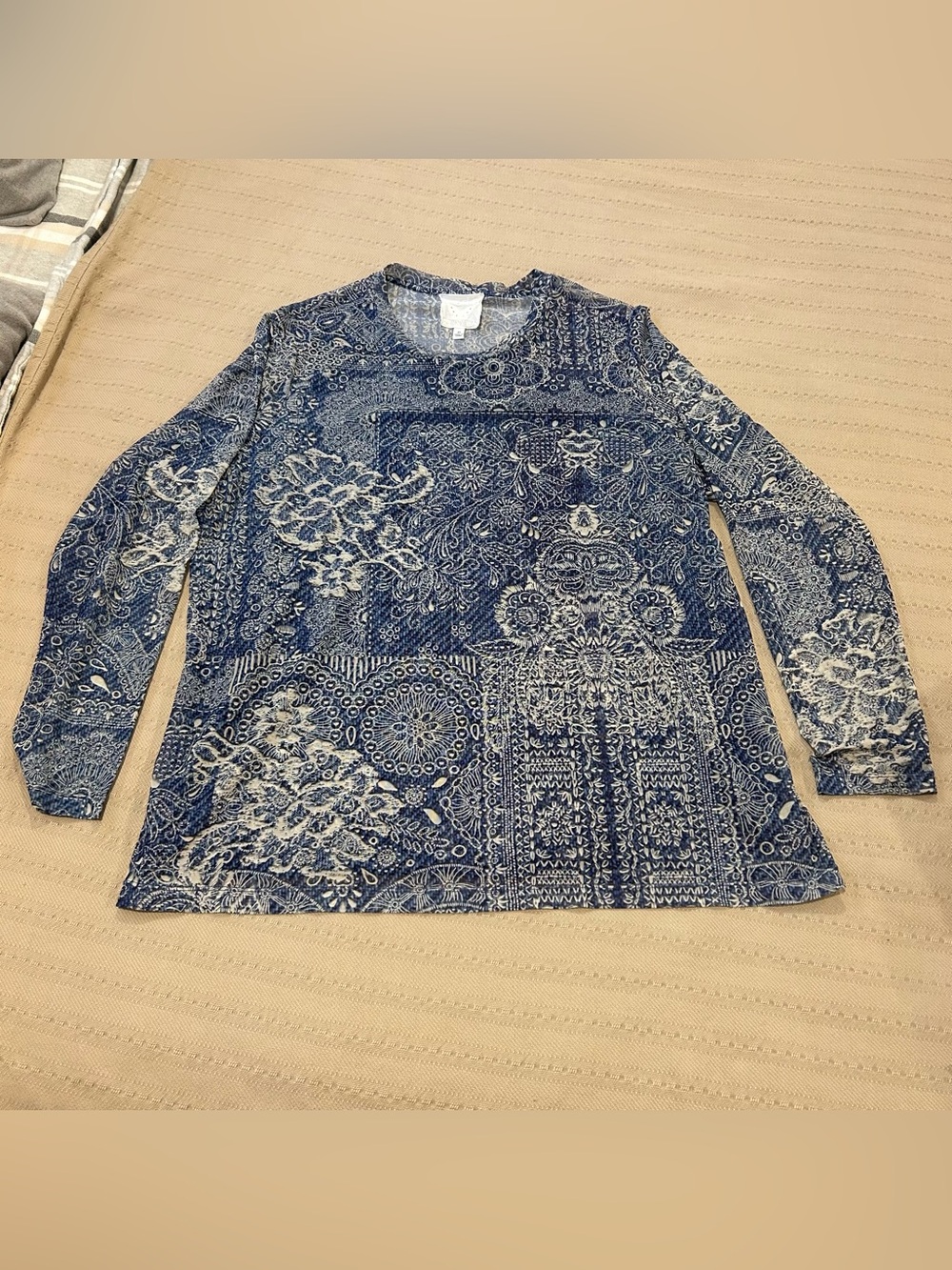 Johnny Was Jade Blue Printed Long-Sleeve Crewneck Sheer Mesh Top 2XL Plus Size